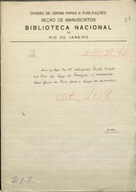 Breve nota del Papa Pío VII desprendiendo a Nicolás Videla del Pino de la Iglesia de Paraguay