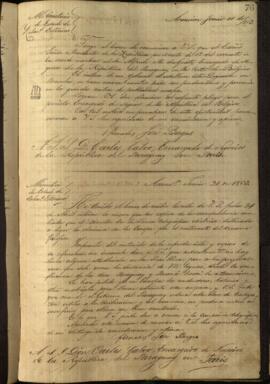 Oficio de José Berges Ministro de Relaciones Exteriores del Paraguay a Carlos Calvo, Encargado de Negocios.